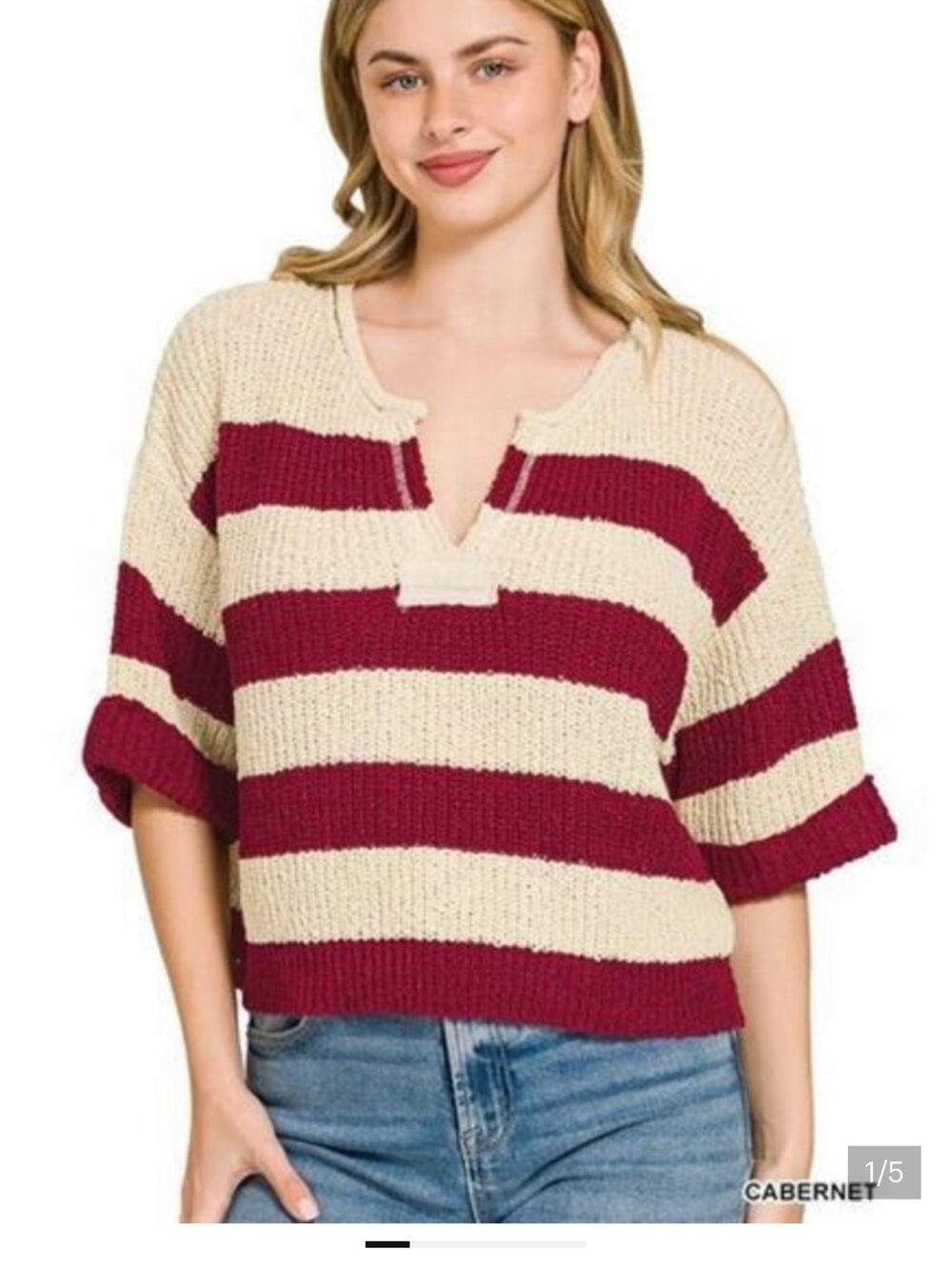 NWOT Zenana S/M Striped Cabernet and Cream V-Neck Knit Sweater